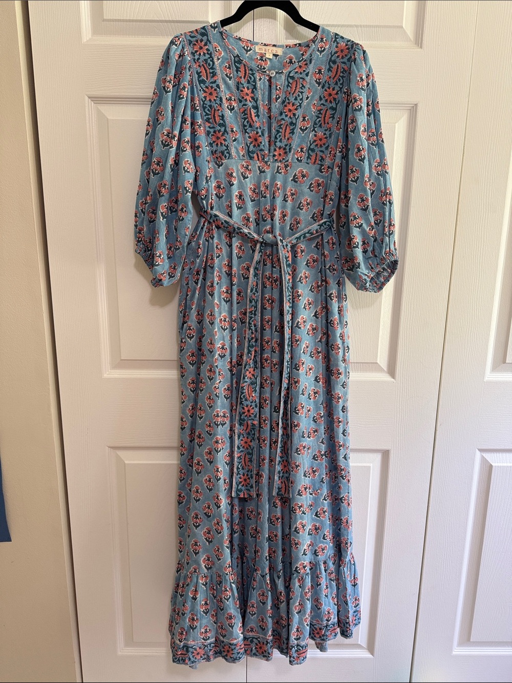 Marea. Light Blue Floral Maxi Dress with Pink Accents and Self-Tie Waist